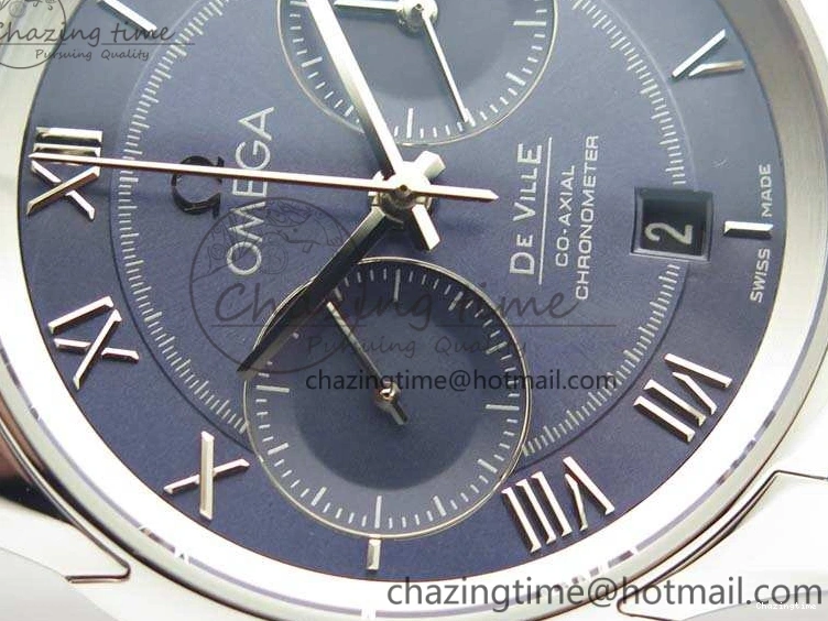 0308 MoistureWicking De Ville Chronograph SS OMF 1:1 Best Edition Blue Dial On Blue Leather Strap A 8110